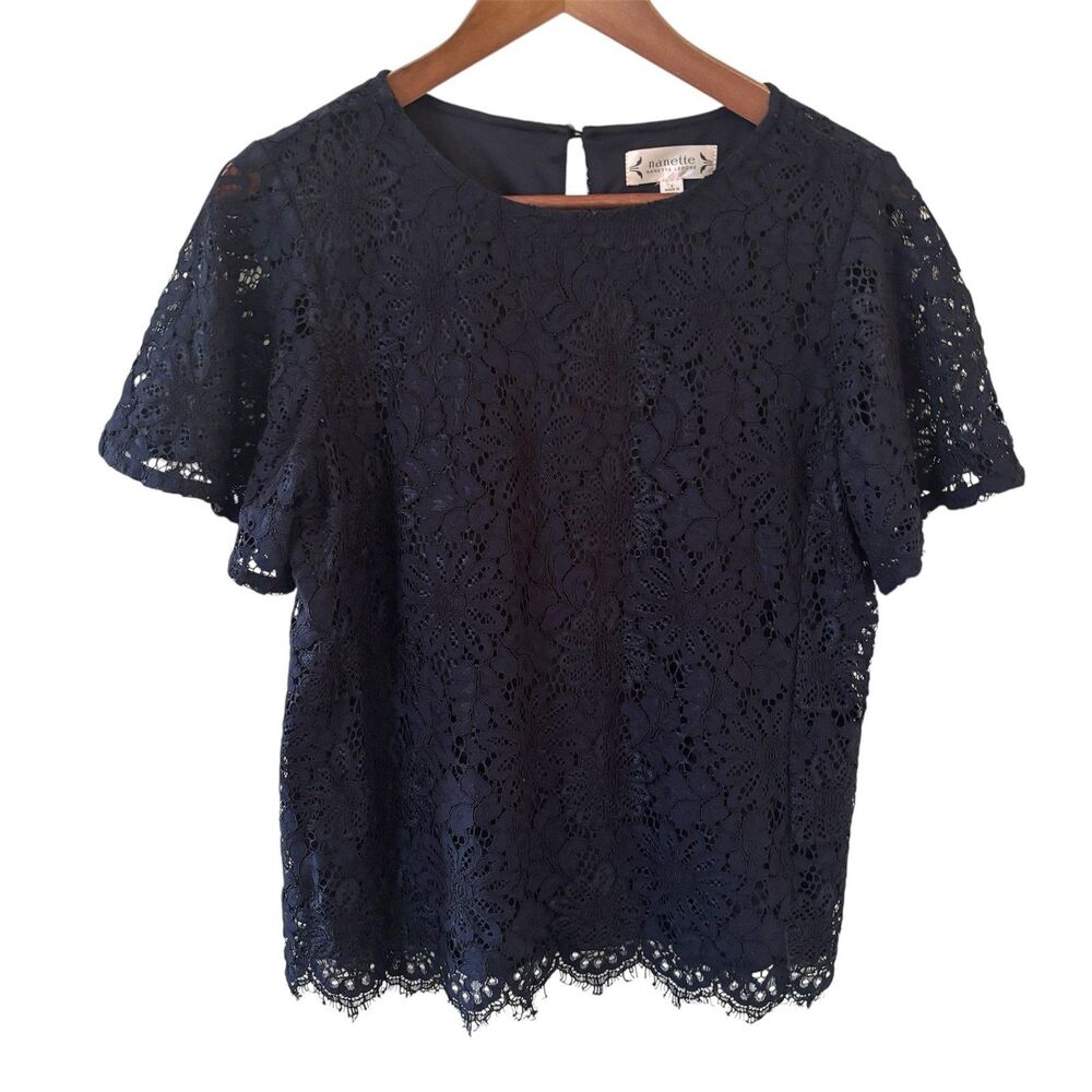 Nanette Lepore Womens Top Peasant Bohemian Floral Lace S Blue Career Preppy City